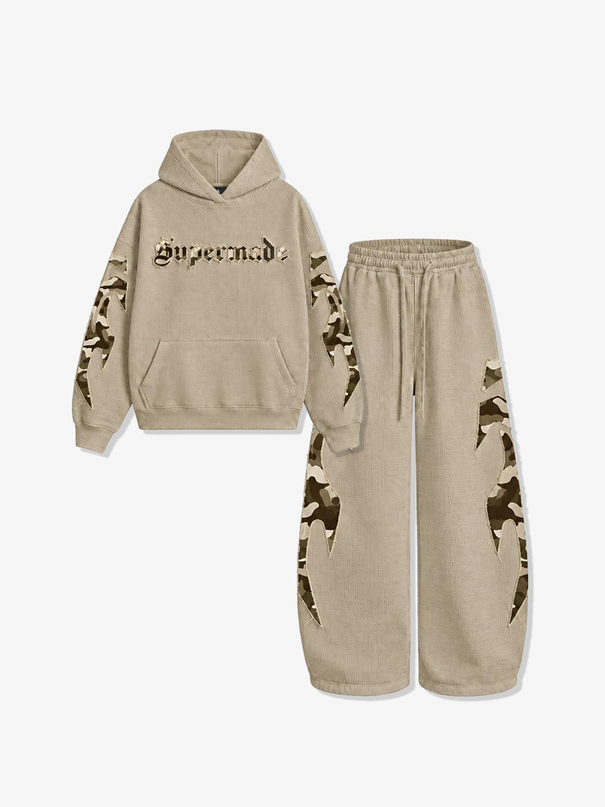 Waffle-Knit Camo Appliqué Embroidered Hoodie & Wide-Leg Sweatpants Set