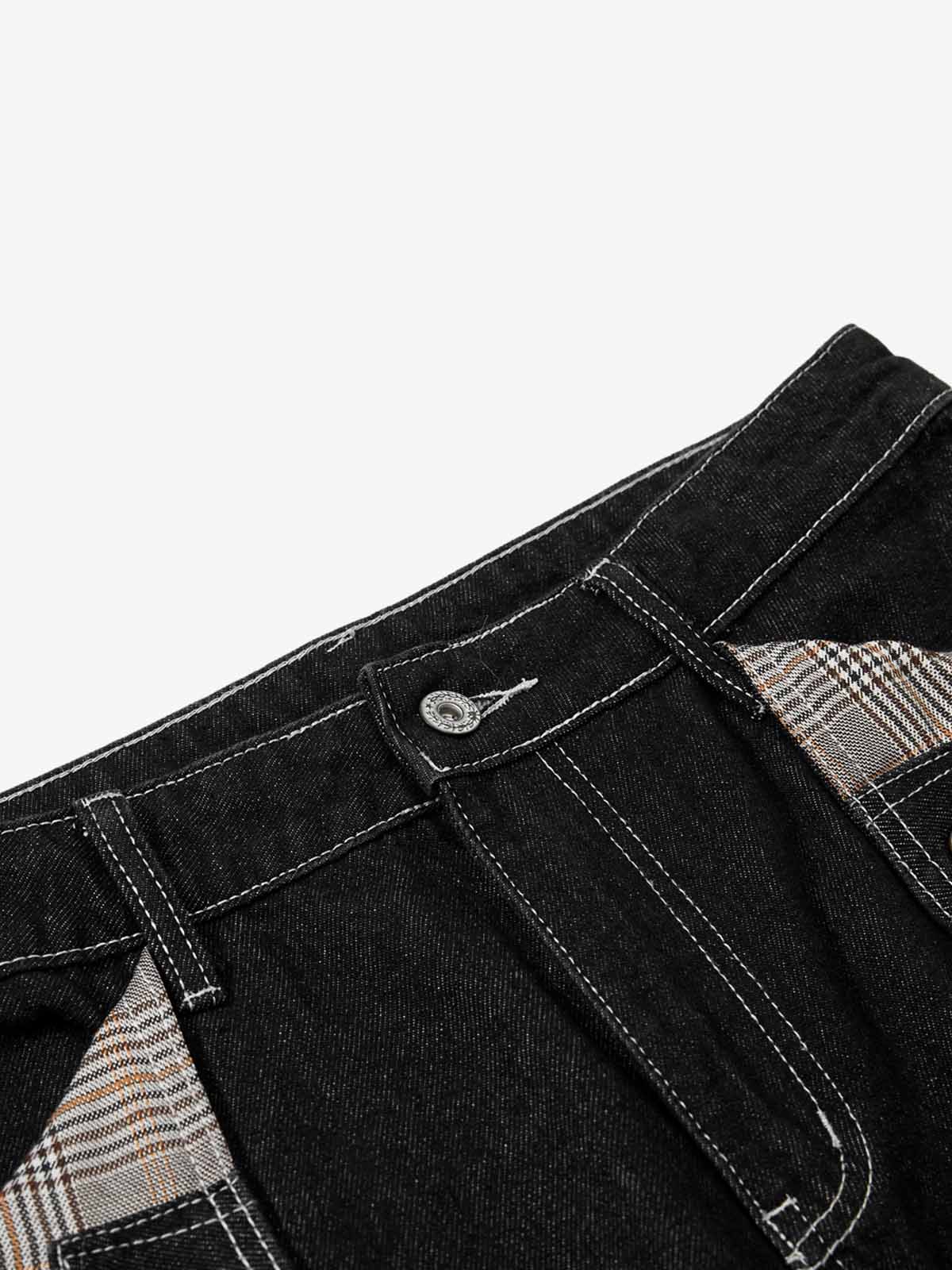 Vintage Plaid-Trim Tape-Belt Jeans 