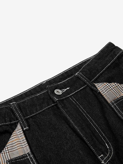 Vintage Plaid-Trim Tape-Belt Jeans 