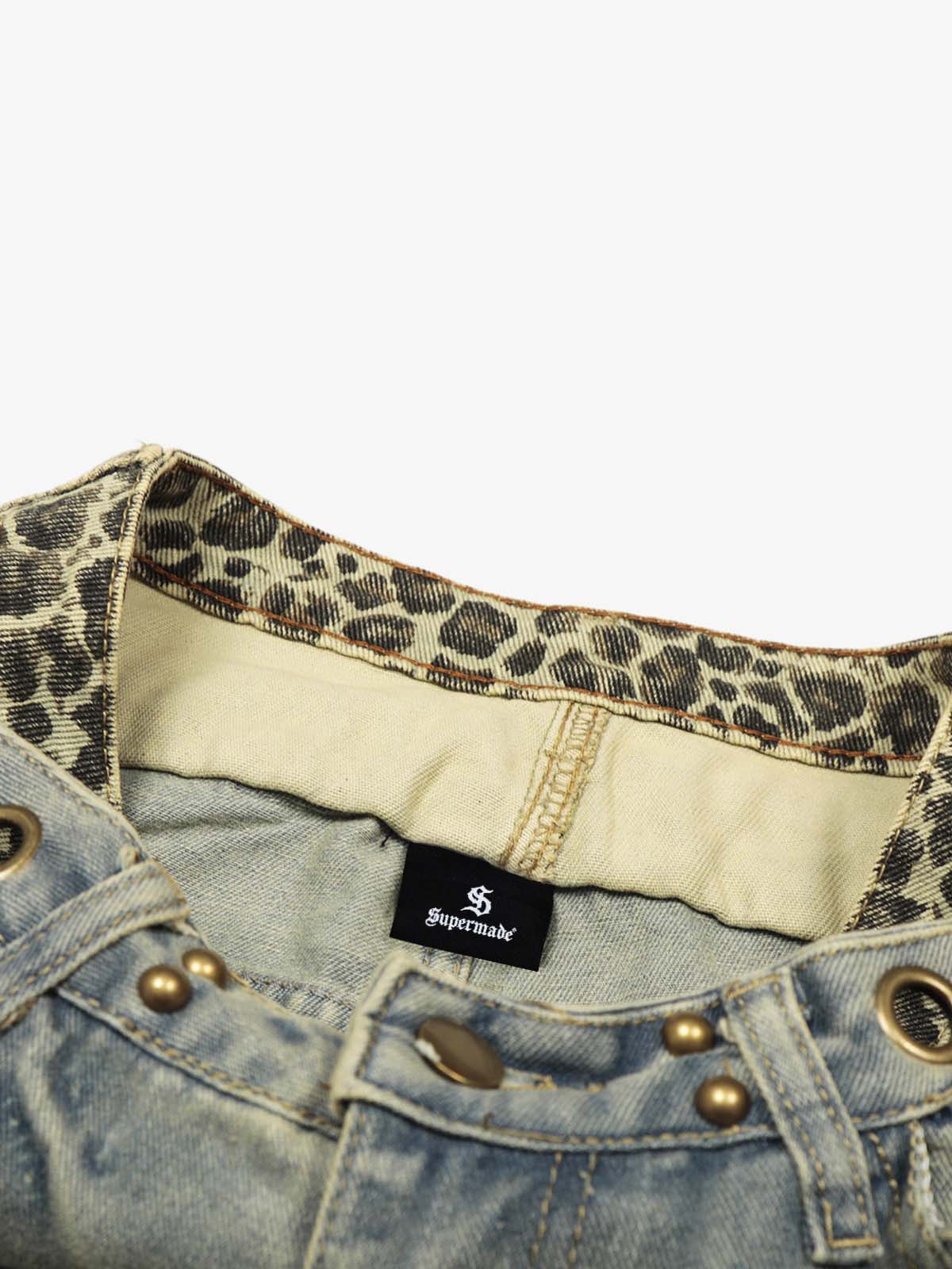 Denim Wide Leg Pants with Leopard Waistband and Gold Hardware 