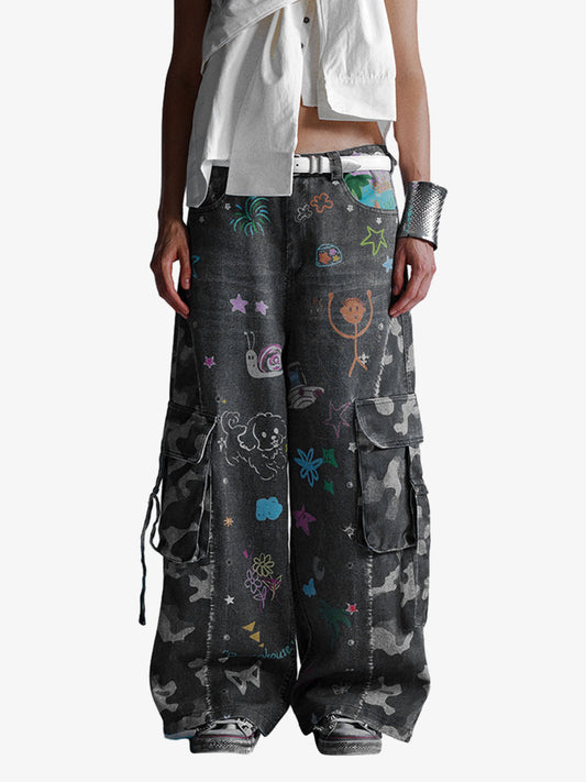 Thesupermade Graffiti Print Cold Transfer Camouflage Layered Cargo Jeans 