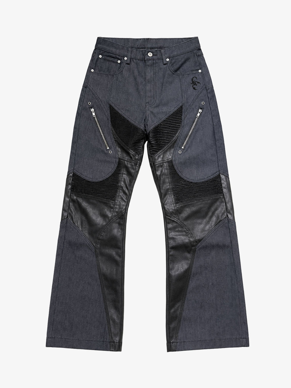 Leather-Paneled Moto Zip Straight-Leg Jeans