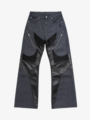 Leather-Paneled Moto Zip Straight-Leg Jeans