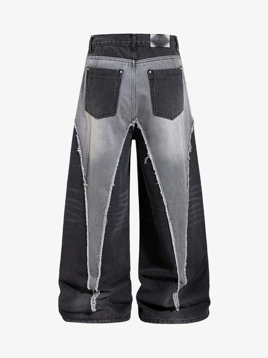 Contrast Raw Edge Curved Panelled Baggy Jeans
