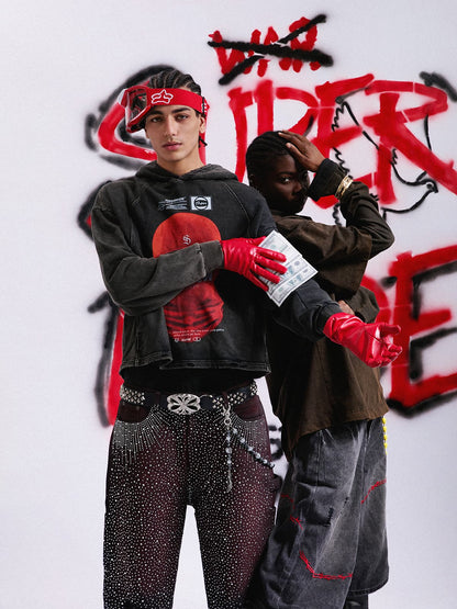 Retro Bandit Hat Graphic Distressed Cropped Hoodie 