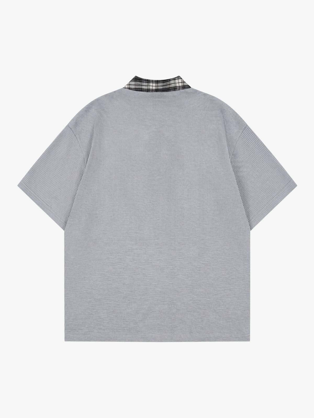 Plaid Scarf Sleeve Waffle Shirt with Letter Embroidery