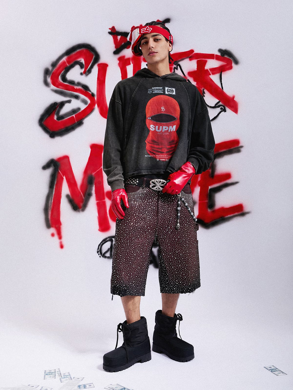 Retro Bandit Hat Graphic Distressed Cropped Hoodie 