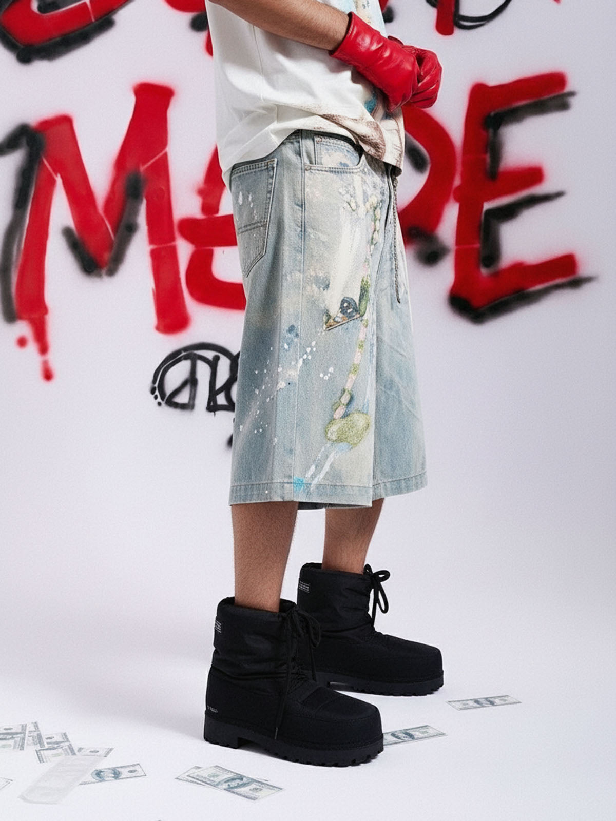 Jewelry Pearl Graphic Print 3D Effect Denim Shorts 
