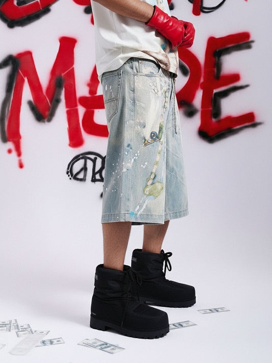 Jewelry Pearl Graphic Print 3D Effect Denim Shorts