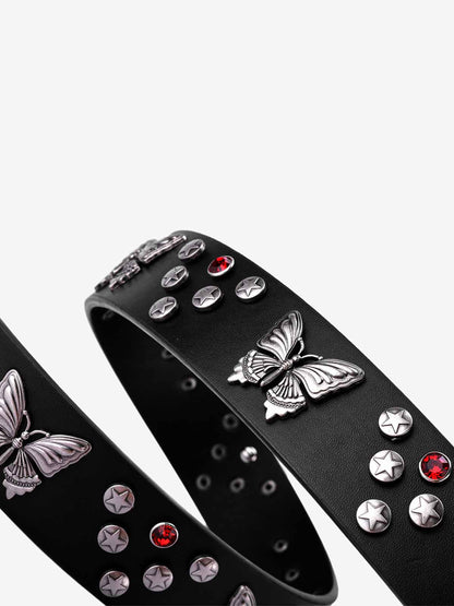 Stylish Butterfly-Embellished Belt with Star Studs and Red Crystals 