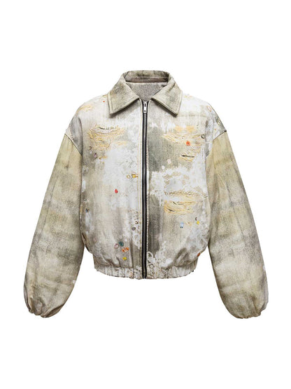 Distressed Graffiti Gradient Quilted Bomber Jacket - 2314 