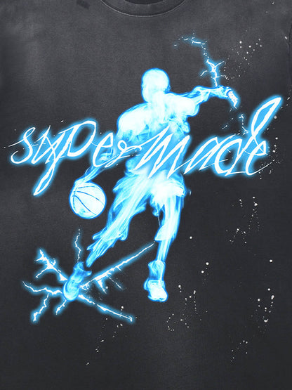 thesupermade "Energy Burst" Basketball Player Cyber Aesthetic Electric Print T-Shirt – Vintage Washed Oversized Basketball Streetwear T-Shirt 