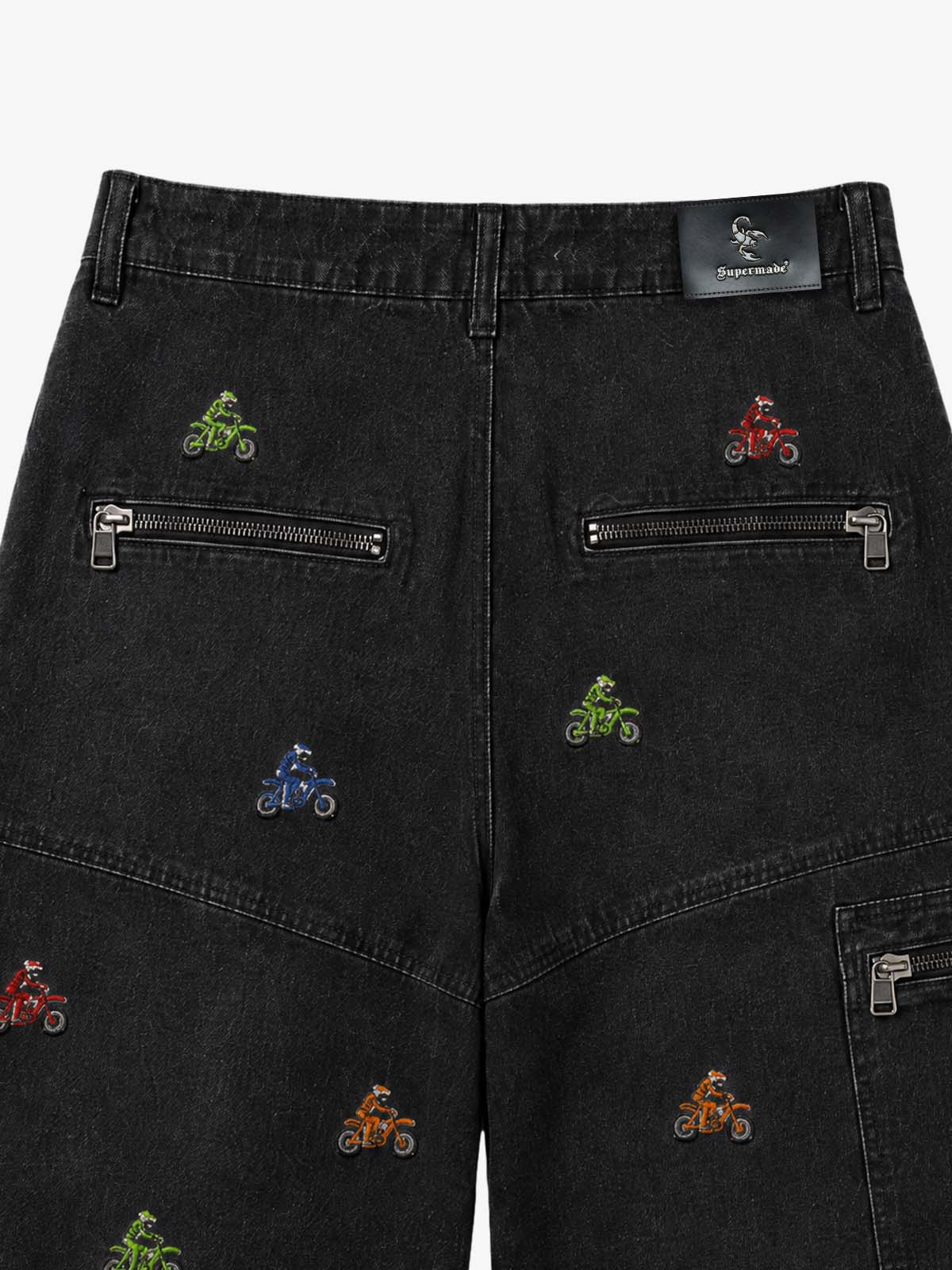 Racing Embroidered Washed Distressed Straight-Leg Jeans
