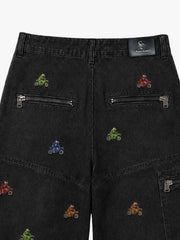 Racing Embroidered Washed Distressed Straight-Leg Jeans