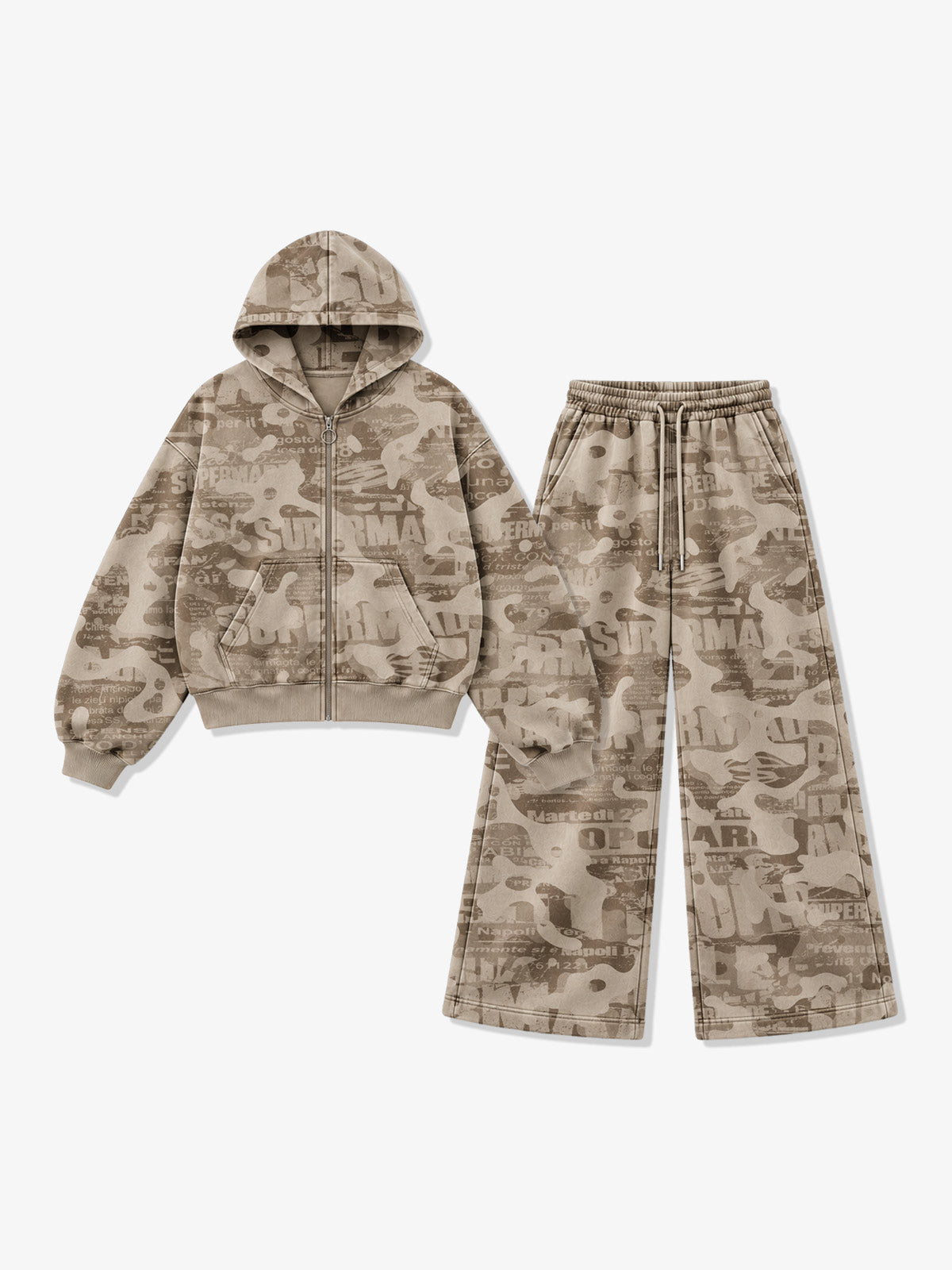 Distressed Camo Zip Hoodie & Wide-Leg Sweatpants Set