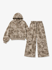 Distressed Camo Zip Hoodie & Wide-Leg Sweatpants Set