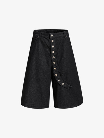 Asymmetric Multi-Button Fly Wide-Leg Denim Jorts