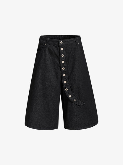 Asymmetric Multi-Button Fly Wide-Leg Denim Jorts