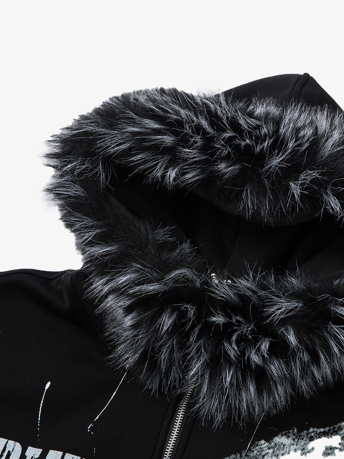 Fur-Trim Paint-Splatter Zip Hoodie