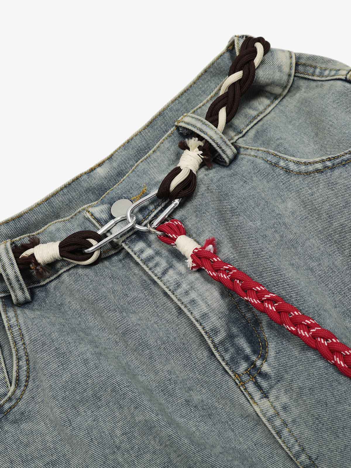 Denim Retro Belt Detail With Patchwork Barrel Jeans - 2490 