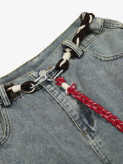 Denim Retro Belt Detail With Patchwork Barrel Jeans - 2490 
