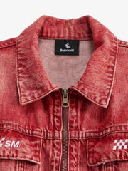 Acid-Washed Distressed Zip Denim Jacket