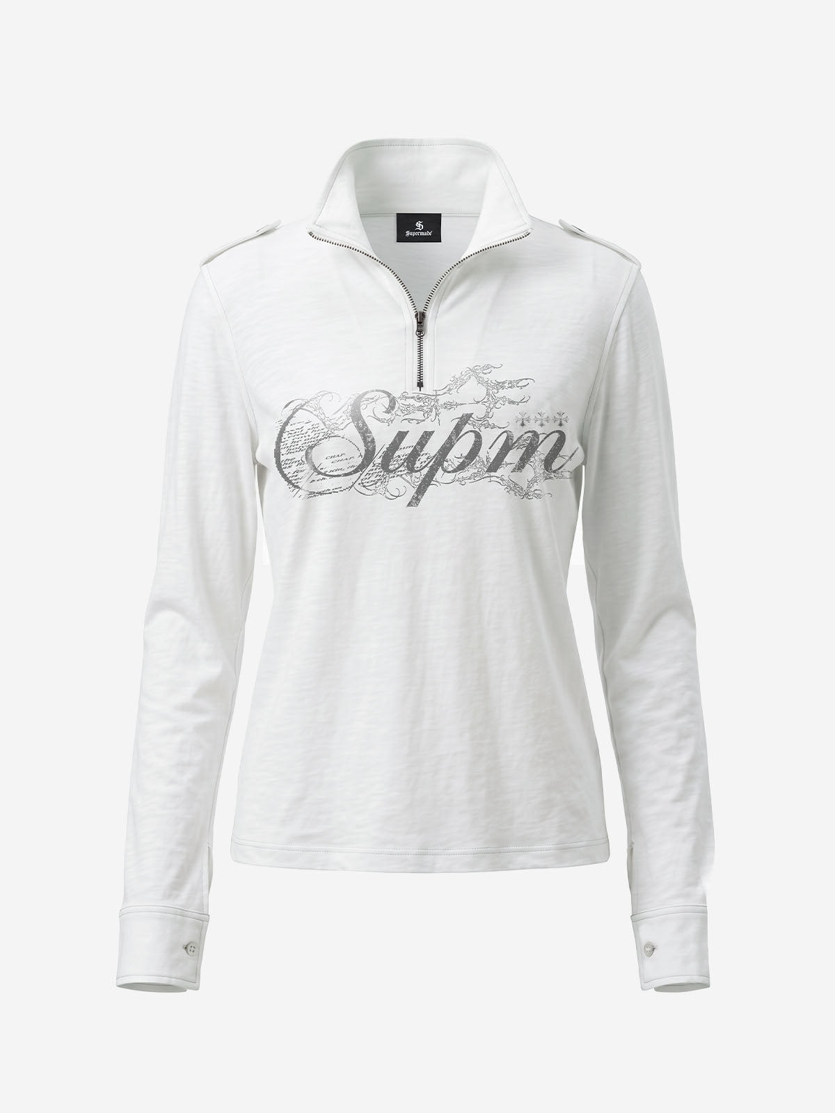 Logo Epaulette Stand Collar Long Sleeves Tee