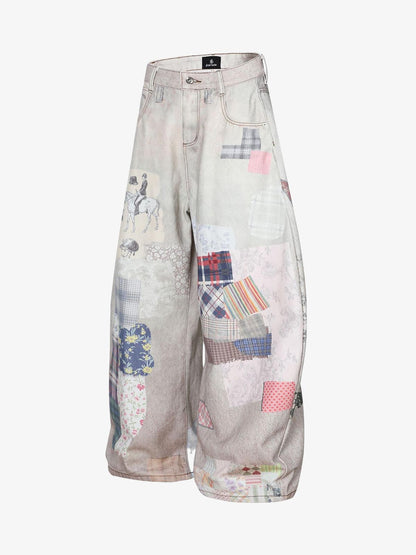 Cotton Patchwork Wide Leg Pants with Equestrian Print and Plaid Details 