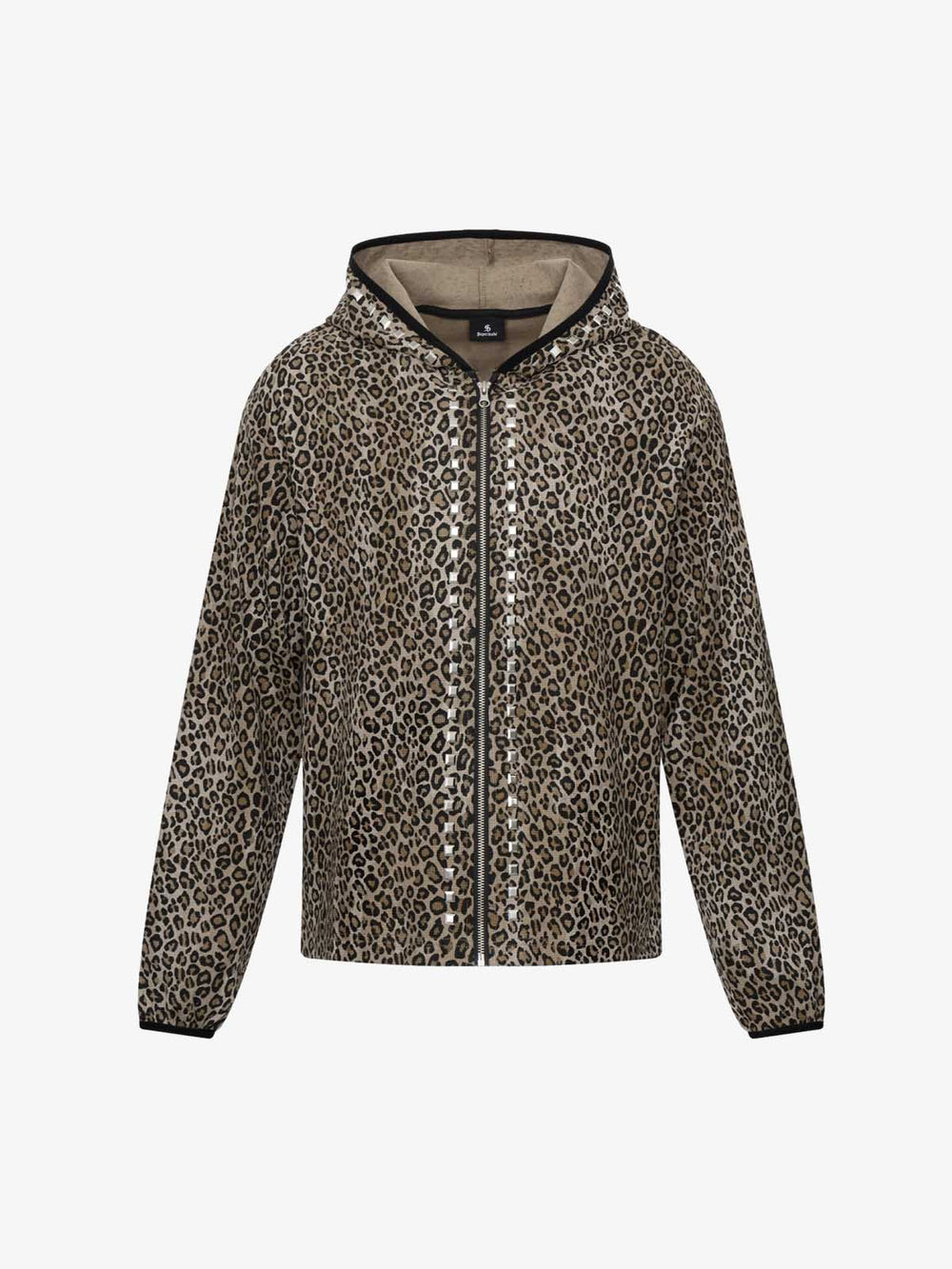 Leoparden-Kapuzenpullover mit Nieten und Reißverschluss