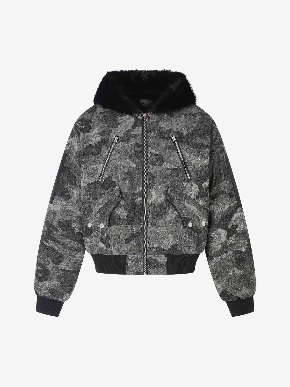 Floral Camo Faux-Fur Collar Padded Bomber Coat