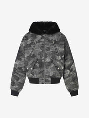 Floral Camo Faux-Fur Collar Padded Bomber Coat