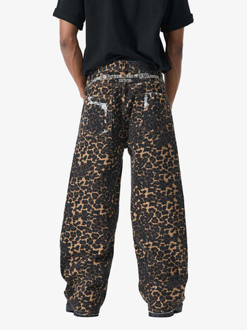 Bold Leopard Print Distressed Wide-Leg Jeans 
