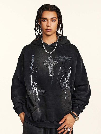 Vintage Dirty Wash Cross Graphic Hoodie 