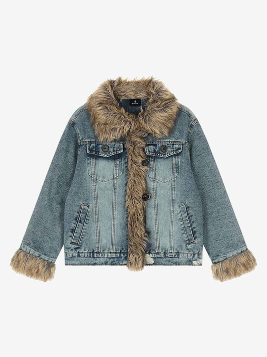 Stylish Denim Jacket with Faux Fur Trim for Men and Women - Perfect for Casual Outfits 