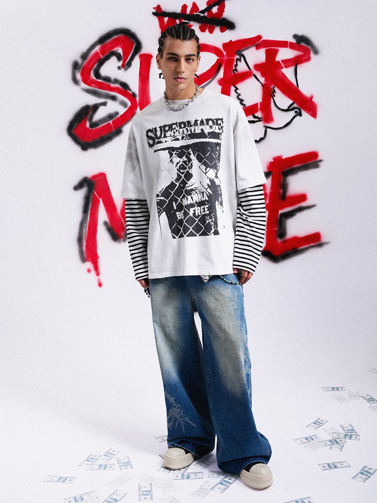 Grunge Graphic Distressed Cage Striped Long-Sleeve T-Shirt 
