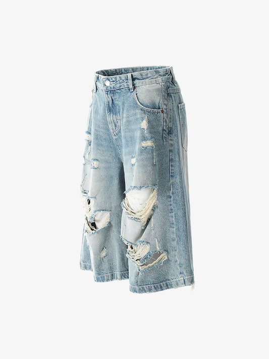 Street Retro Washed Distressed Ripped Denim Shorts 