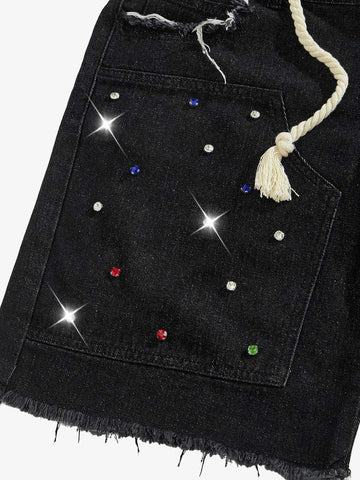 Rhinestone Letter Graphic Drawstring Denim Shorts