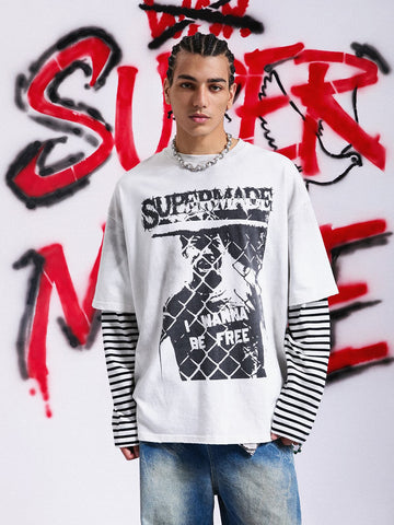 Grunge Graphic Distressed Cage Striped Long-Sleeve T-Shirt 
