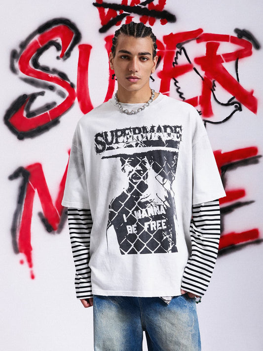 Grunge Graphic Distressed Cage Striped Long-Sleeve T-Shirt 