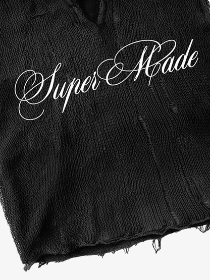 Distressed Embroidered Hooded Knit Vest