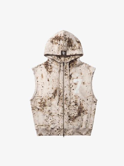Washed Distressed Irregular Leopard Sleeveless Hooded Vest Set 