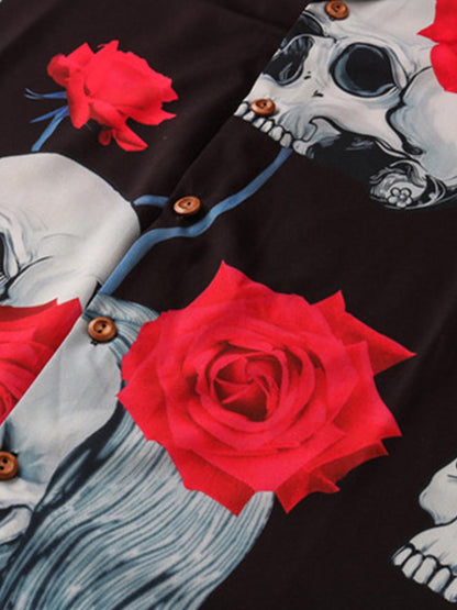Gothic Skull Rose Camp Collar Boxy Shirt 