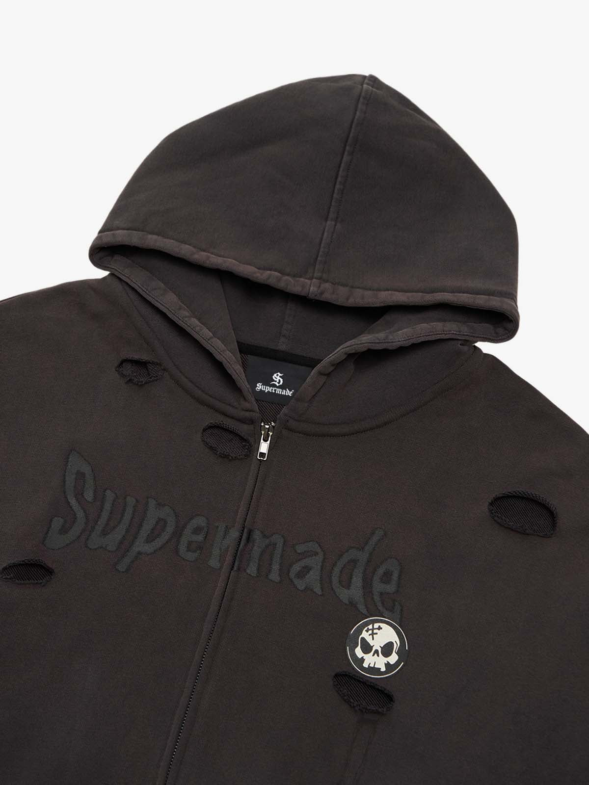 Thesupermade Washed and Ripped Skull Themed Hooded Cardigan Sweatshirt Set 