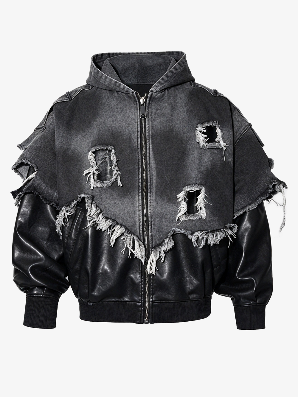 Distressed Patchwork Hooded Bomber Jacket