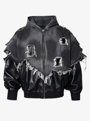 Distressed Patchwork Hooded Bomber Jacket
