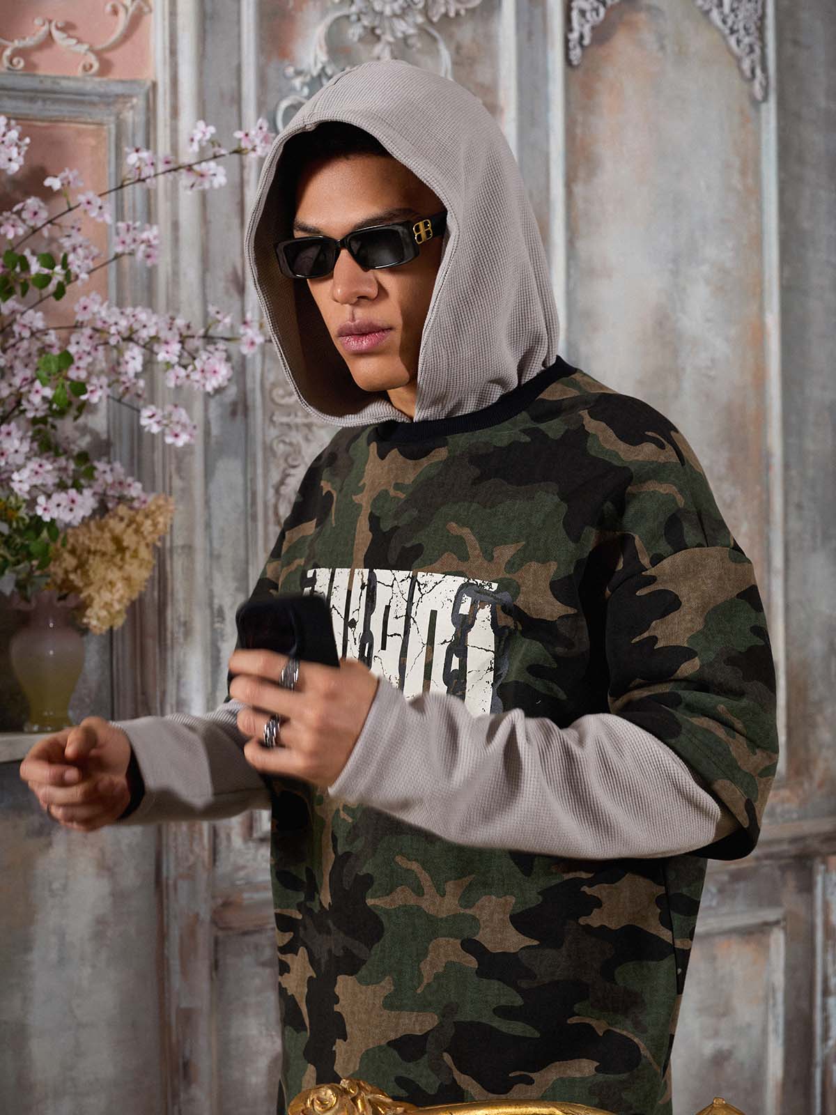 Supermade Camouflage Patchwork Faux Two-Piece Hooded Top 