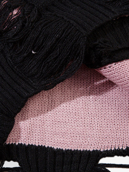 Irregular Neck Hole Hollow Knit Raw Edge Sweater 