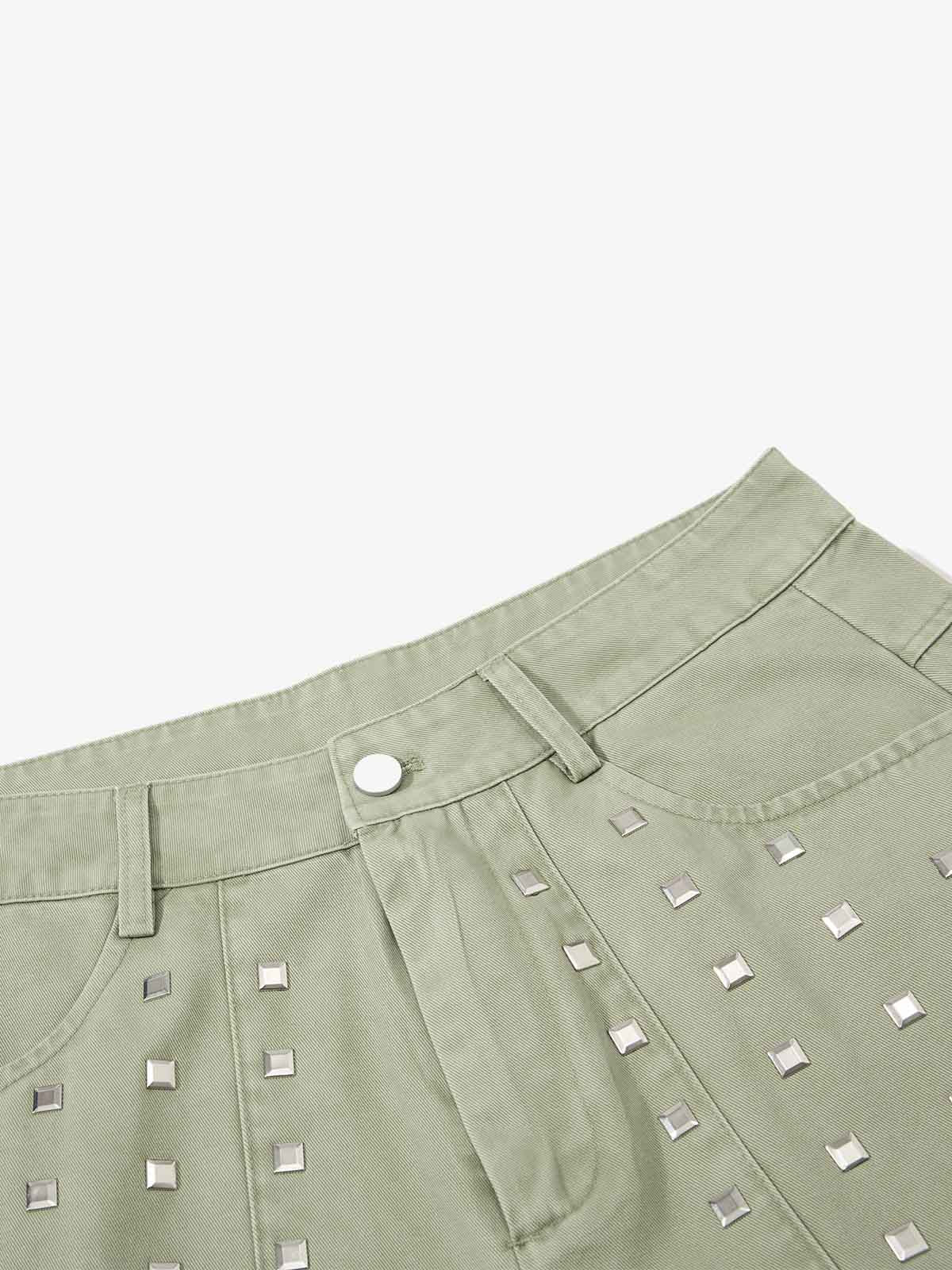 Heavy-Duty Studded Curved Wide-Leg Pants 