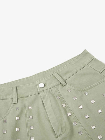 Heavy-Duty Studded Curved Wide-Leg Pants 