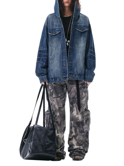 Retro Washed Workwear Denim Hooded Jacket 
